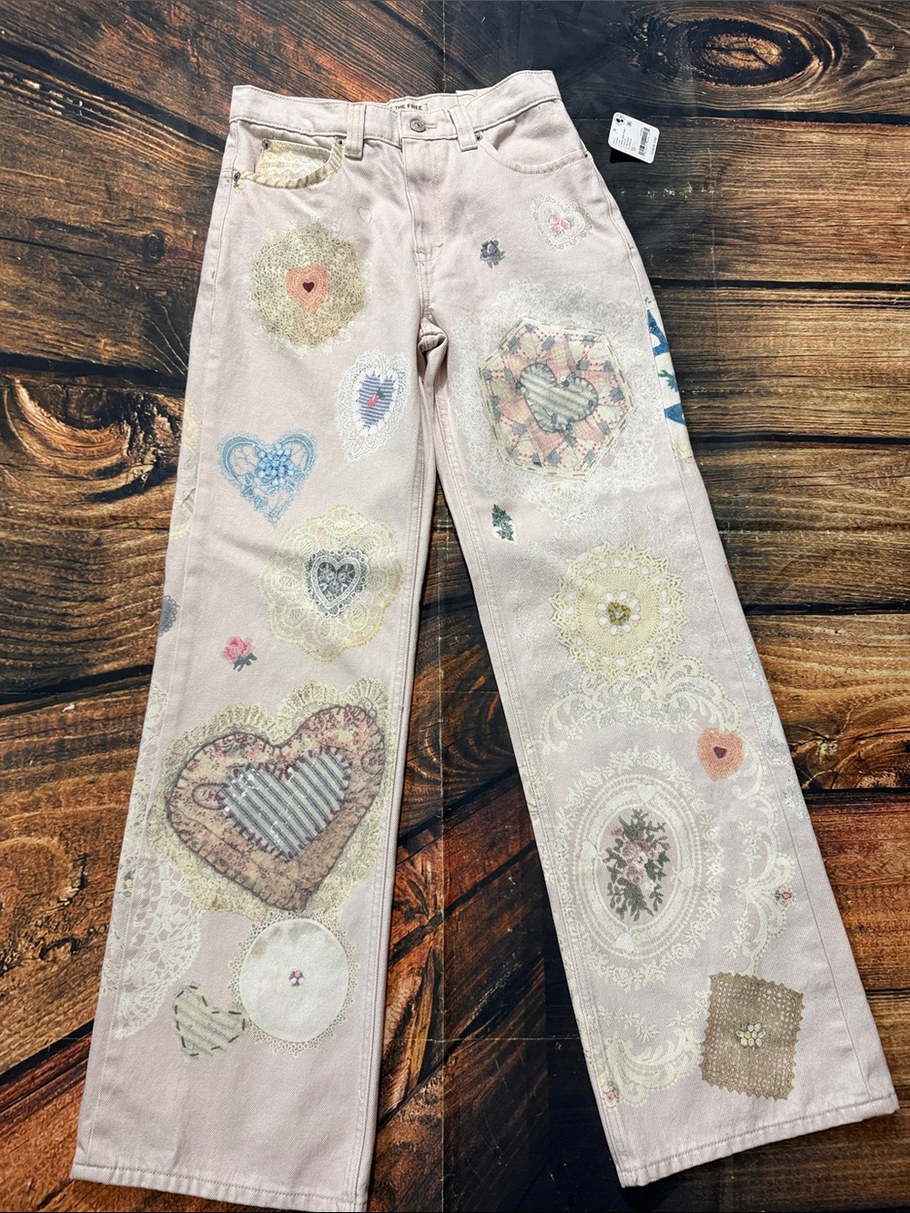 NWT We The Free Free People Patchwork Heart Wide Leg Jeans Heirloom Ivory Size 2